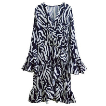 Load image into Gallery viewer, Elegant Women's Dress Black White Stripe Flare Sleeve Ruffle