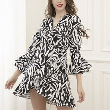 Load image into Gallery viewer, Elegant Women's Dress Black White Stripe Flare Sleeve Ruffle