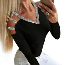 Load image into Gallery viewer, Off Shoulder Patchwork Women&#39;s Blouses Sequins V neck Long Sleeves