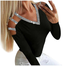 Load image into Gallery viewer, Off Shoulder Patchwork Women&#39;s Blouses Sequins V neck Long Sleeves