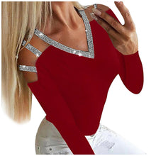 Load image into Gallery viewer, Off Shoulder Patchwork Women&#39;s Blouses Sequins V neck Long Sleeves