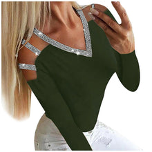 Load image into Gallery viewer, Off Shoulder Patchwork Women&#39;s Blouses Sequins V neck Long Sleeves