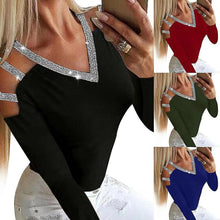 Load image into Gallery viewer, Off Shoulder Patchwork Women&#39;s Blouses Sequins V neck Long Sleeves