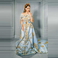Load image into Gallery viewer, Off The Shoulder Sky Blue A line Moroccan Kaftan Evening Dresses