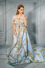 Load image into Gallery viewer, Off The Shoulder Sky Blue A line Moroccan Kaftan Evening Dresses
