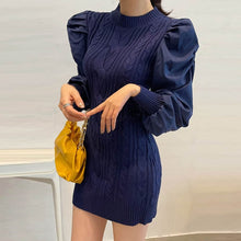 Load image into Gallery viewer, One Piece Woman Mini Dress Chic Puff Sleeve Slim Short Knitted