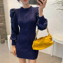 Load image into Gallery viewer, One Piece Woman Mini Dress Chic Puff Sleeve Slim Short Knitted