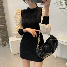 Load image into Gallery viewer, One Piece Woman Mini Dress Chic Puff Sleeve Slim Short Knitted