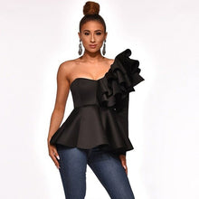 Load image into Gallery viewer, One Shoulder Zipper Up Peplum Ruffle Tops Women One Long Sleeve White