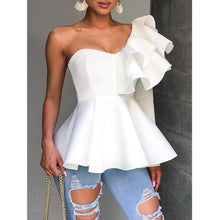 Load image into Gallery viewer, One Shoulder Zipper Up Peplum Ruffle Tops Women One Long Sleeve White