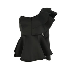 Load image into Gallery viewer, One Shoulder Zipper Up Peplum Ruffle Tops Women One Long Sleeve White