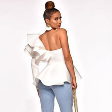 Load image into Gallery viewer, One Shoulder Zipper Up Peplum Ruffle Tops Women One Long Sleeve White