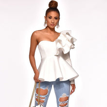 Load image into Gallery viewer, One Shoulder Zipper Up Peplum Ruffle Tops Women One Long Sleeve White