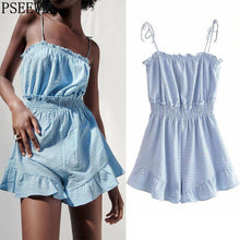 Load image into Gallery viewer, Short Jumpsuit Woman Summer Blue Plaid Ruffle Female - Sophornlilly