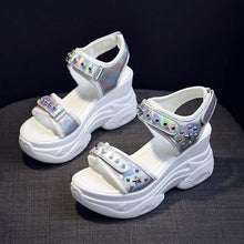 Load image into Gallery viewer, PU Leather Hollow Shallow Rivet Wedge Sandals Fashion Laser Hook &amp;