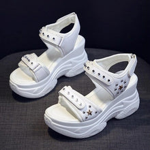 Load image into Gallery viewer, PU Leather Hollow Shallow Rivet Wedge Sandals Fashion Laser Hook &amp;