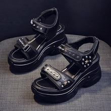 Load image into Gallery viewer, PU Leather Hollow Shallow Rivet Wedge Sandals Fashion Laser Hook &amp;