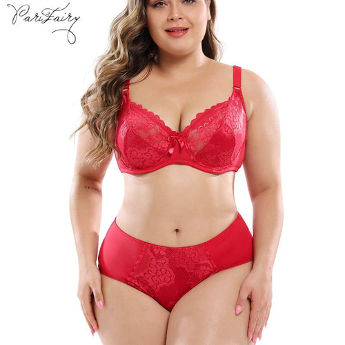 PariFairy Hollow Sexy Bra Ultrathin Underwear Set Plus Size DD E Cup