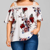 Patchwork Lace Tunic Tops Floral Printing Women's Blouse Slash Neck