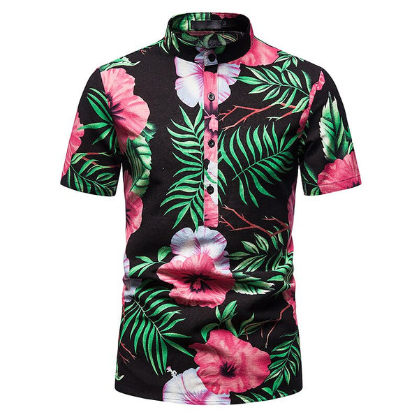 Pink Flower Shirts Men Stand Collar Casual Mens Shirt Hawaiian