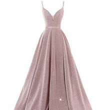 Load image into Gallery viewer, Pink Sparkly V Neck Plus Size Evening Dresses Long Luxury Spaghetti