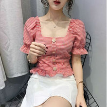Load image into Gallery viewer, Plaid Ruffle Square Neck Puff Sleeve Slim Cute Sexy Shirt