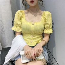 Load image into Gallery viewer, Plaid Ruffle Square Neck Puff Sleeve Slim Cute Sexy Shirt
