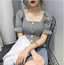 Load image into Gallery viewer, Plaid Ruffle Square Neck Puff Sleeve Slim Cute Sexy Shirt