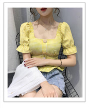 Load image into Gallery viewer, Plaid Ruffle Square Neck Puff Sleeve Slim Cute Sexy Shirt