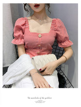 Load image into Gallery viewer, Plaid Ruffle Square Neck Puff Sleeve Slim Cute Sexy Shirt