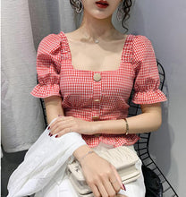 Load image into Gallery viewer, Plaid Ruffle Square Neck Puff Sleeve Slim Cute Sexy Shirt