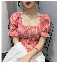 Load image into Gallery viewer, Plaid Ruffle Square Neck Puff Sleeve Slim Cute Sexy Shirt
