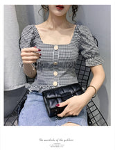 Load image into Gallery viewer, Plaid Ruffle Square Neck Puff Sleeve Slim Cute Sexy Shirt