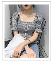 Load image into Gallery viewer, Plaid Ruffle Square Neck Puff Sleeve Slim Cute Sexy Shirt