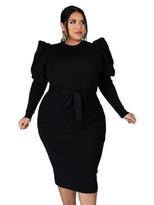 Elegant Midi Dress Modest Puff Long Sleeve