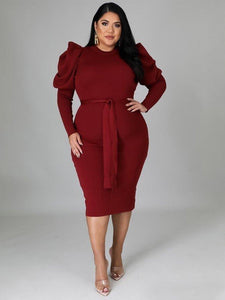 Elegant Midi Dress Modest Puff Long Sleeve