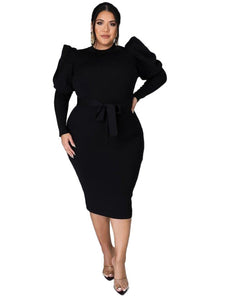 Elegant Midi Dress Modest Puff Long Sleeve