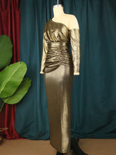 Load image into Gallery viewer, Gold Party Dress Long Sleeve One Shoulder