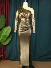 Load image into Gallery viewer, Gold Party Dress Long Sleeve One Shoulder