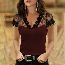 Load image into Gallery viewer, Casual V neck Lace Short Sleeve T shirt