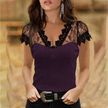 Load image into Gallery viewer, Casual V neck Lace Short Sleeve T shirt
