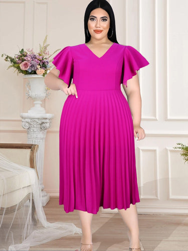 Draped Pleated Midi Dress Ruffle Sleeve Ruffles V