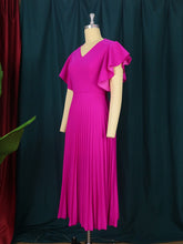 Load image into Gallery viewer, Draped Pleated Midi Dress Ruffle Sleeve Ruffles V