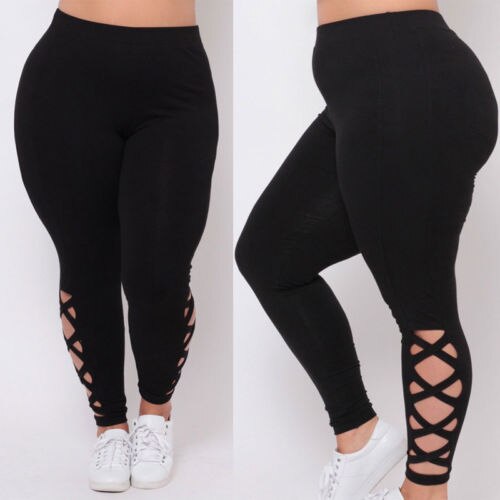 Plus Size Fashion Women Bandage Elastic Leggings Pure Criss-cross