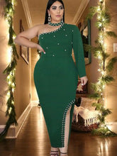 Load image into Gallery viewer, Plus Size Green Beading Dress Sexy One Shoulder Long Sleeve