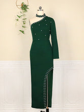 Load image into Gallery viewer, Plus Size Green Beading Dress Sexy One Shoulder Long Sleeve