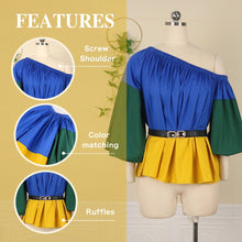 Load image into Gallery viewer, One Shoulder Blouse Patchwork Flare Sleeve Casual Loose