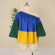 Load image into Gallery viewer, One Shoulder Blouse Patchwork Flare Sleeve Casual Loose
