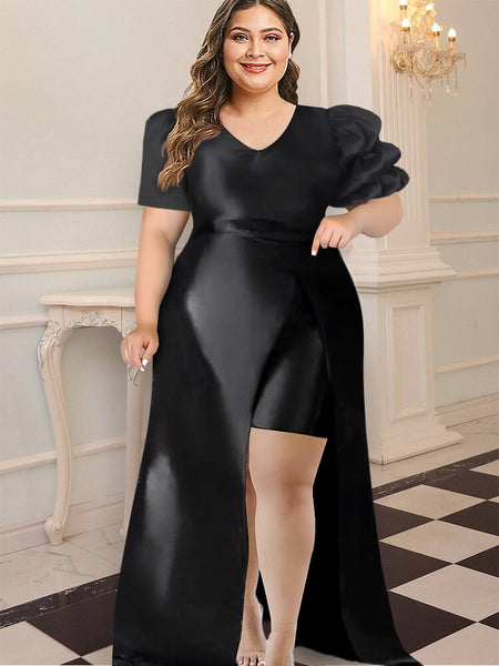 Plus Size Party Dress Women Elegant High Slit Black Long Robes Puff