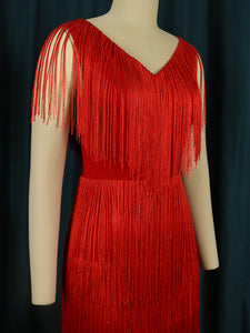 Red Tassel V Neck Sleeveless High Waist Fringe